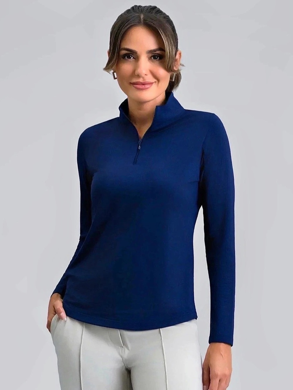IBKUL Solid Long Sleeve Mock Neck Top Blue